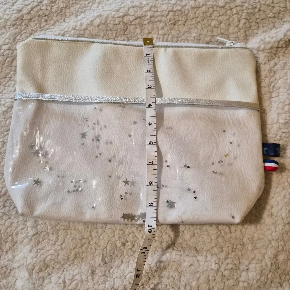 Blue Glitter Whale Shaker Cosmetic Bag White Faux Leather Star Print Pouch Beach